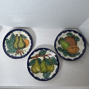 Set Of 3 Talavera Mexican Pottery Hand Painted Plates Fruit W Hangers E. Ortiz